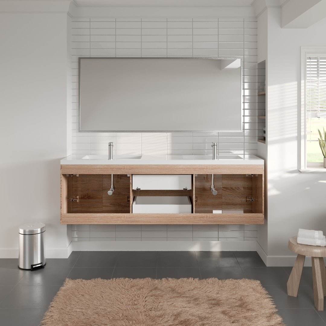 Axis 72 in. White Oak Wall Mount Double Sink Bath Vanity with Acrylic Top and Integrated Sinks