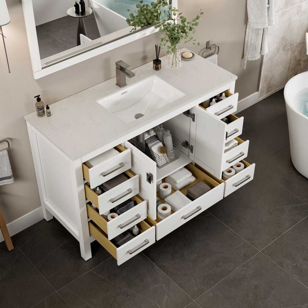 London 54 in. White Single Sink Bath Vanity with Carrara Quartz Top and Undermount Porcelain Sink - Bathroom Vanity by Eviva