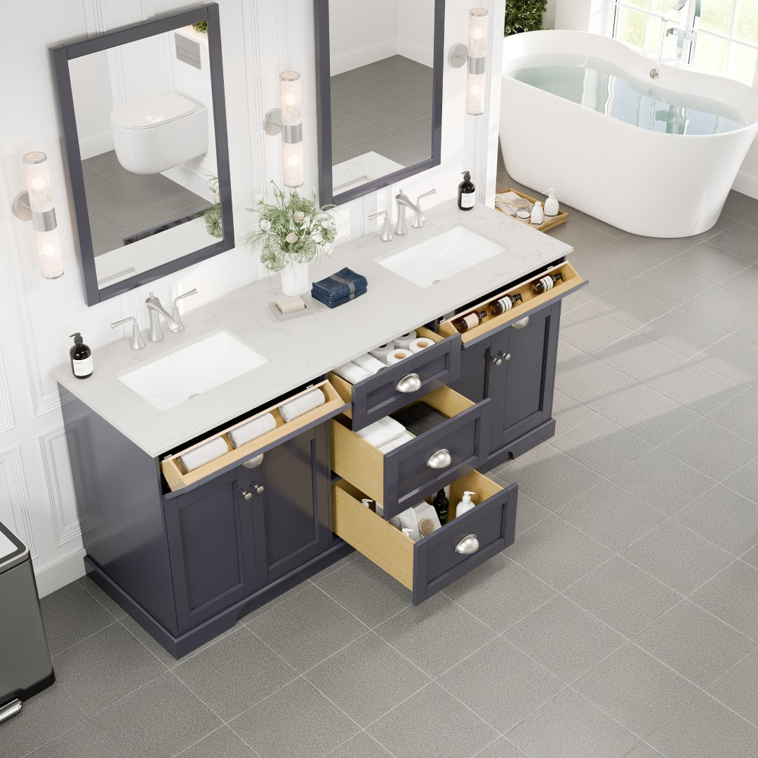 Epic 72 in. Charcoal Gray Double Sink Bath Vanity with Carrara Quartz Top and Undermount Porcelain Sinks