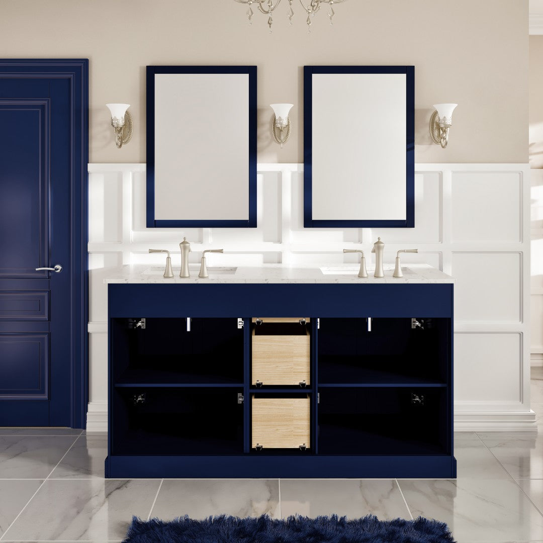 Epic 60 in. Blue Double Sink  Bath Vanity with Carrara Quartz Top and Undermount Porcelain Sinks