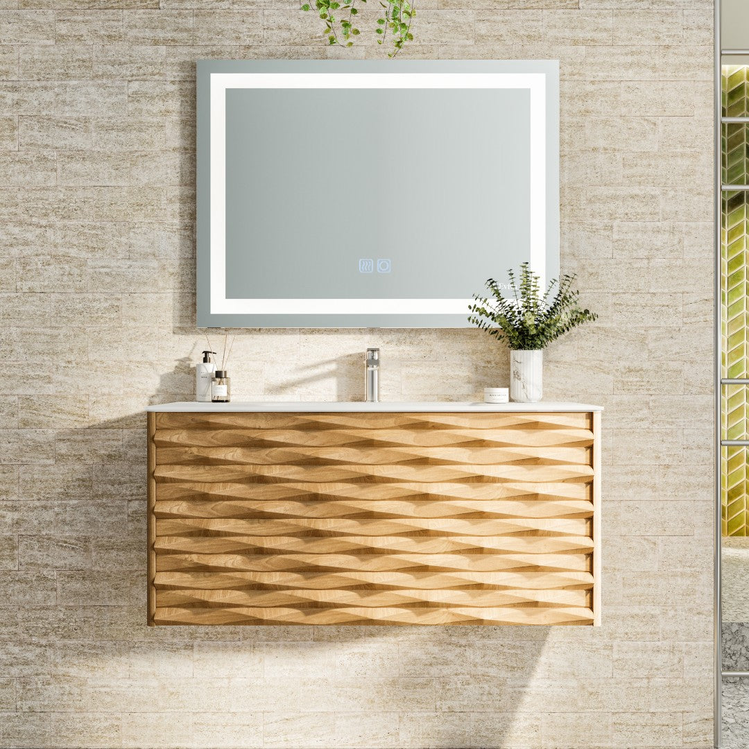 Oahu 32 in. Oak Wall Mount Single Sink Bath Vanity with Solid Surface Top and Integrated Sink