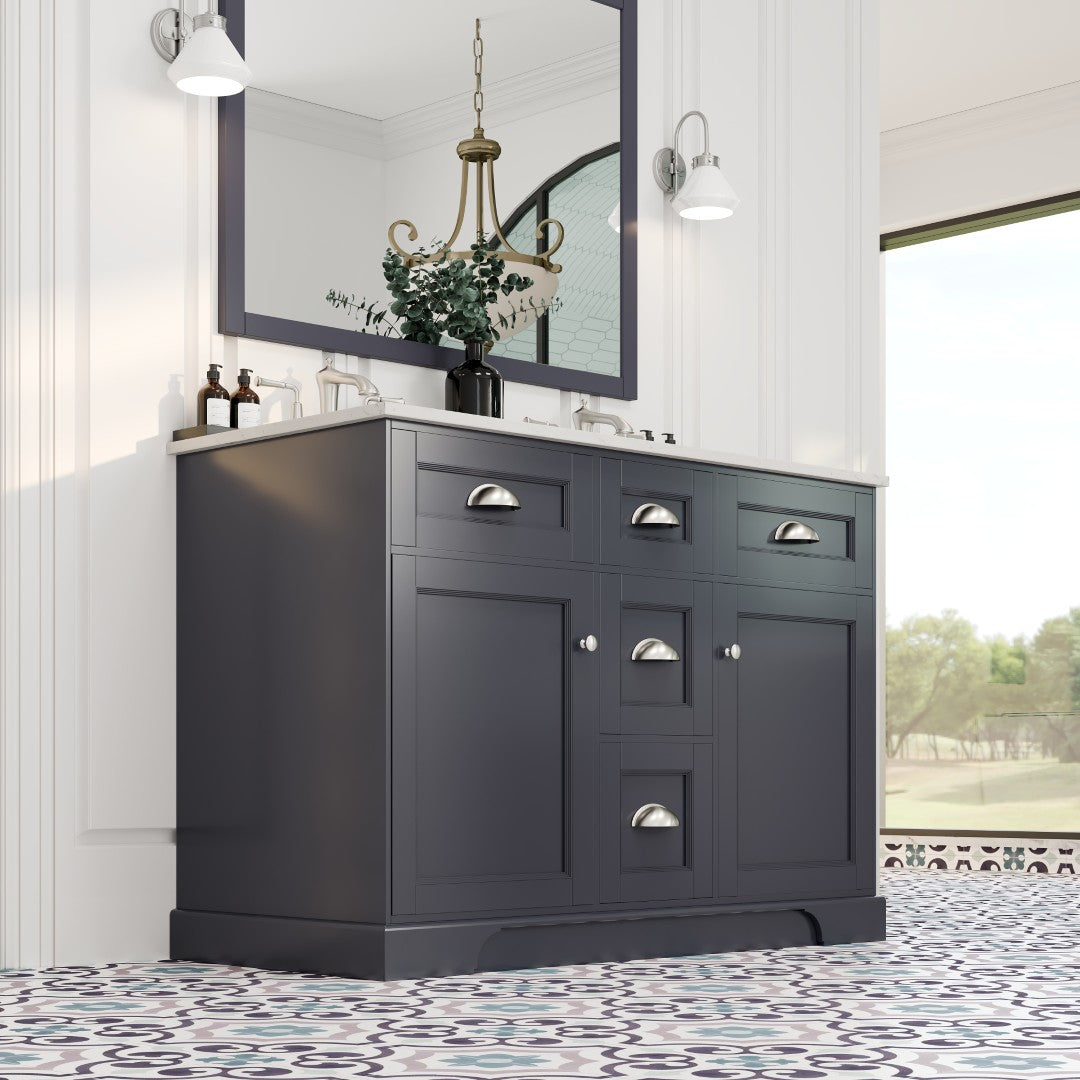 Epic 48 in. Charcoal Gray Double Sink  Bath Vanity with Carrara Quartz Top and Undermount Porcelain Sinks