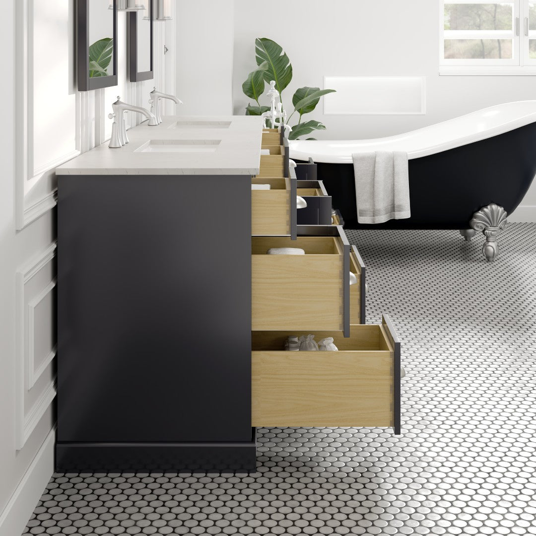 Epic 96 in. Charcoal Gray Double Sink Bath Vanity with Carrara Quartz Top and Undermount Porcelain Sinks