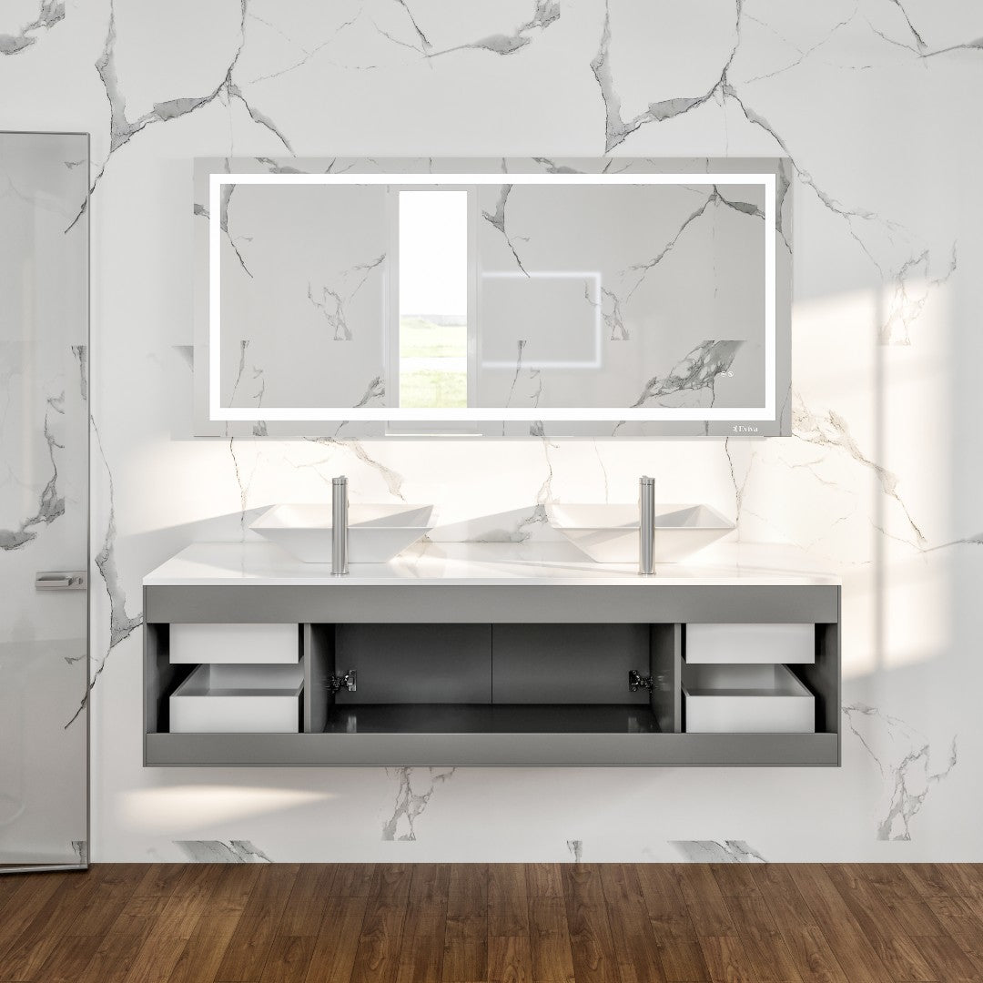 Wave 72 in. Gray Wall Mount Double Sink Bath Vanity with White Quartz Top and Vessel Porcelain Sinks