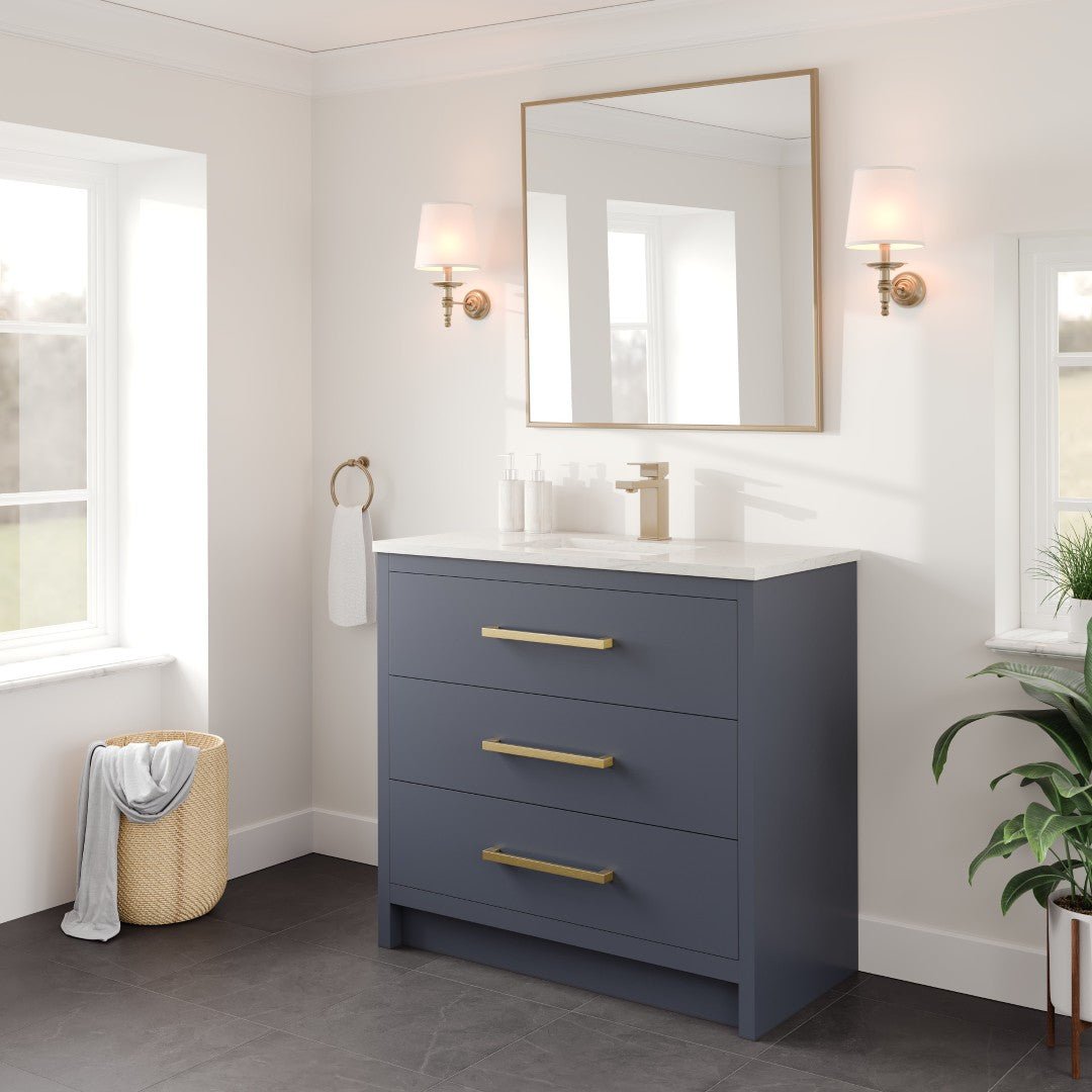 Curio 36 in. Dark Blue Single Sink Bath Vanity with Carrara Quartz Top and Undermount Porcelain Sink - Bathroom Vanity by Eviva