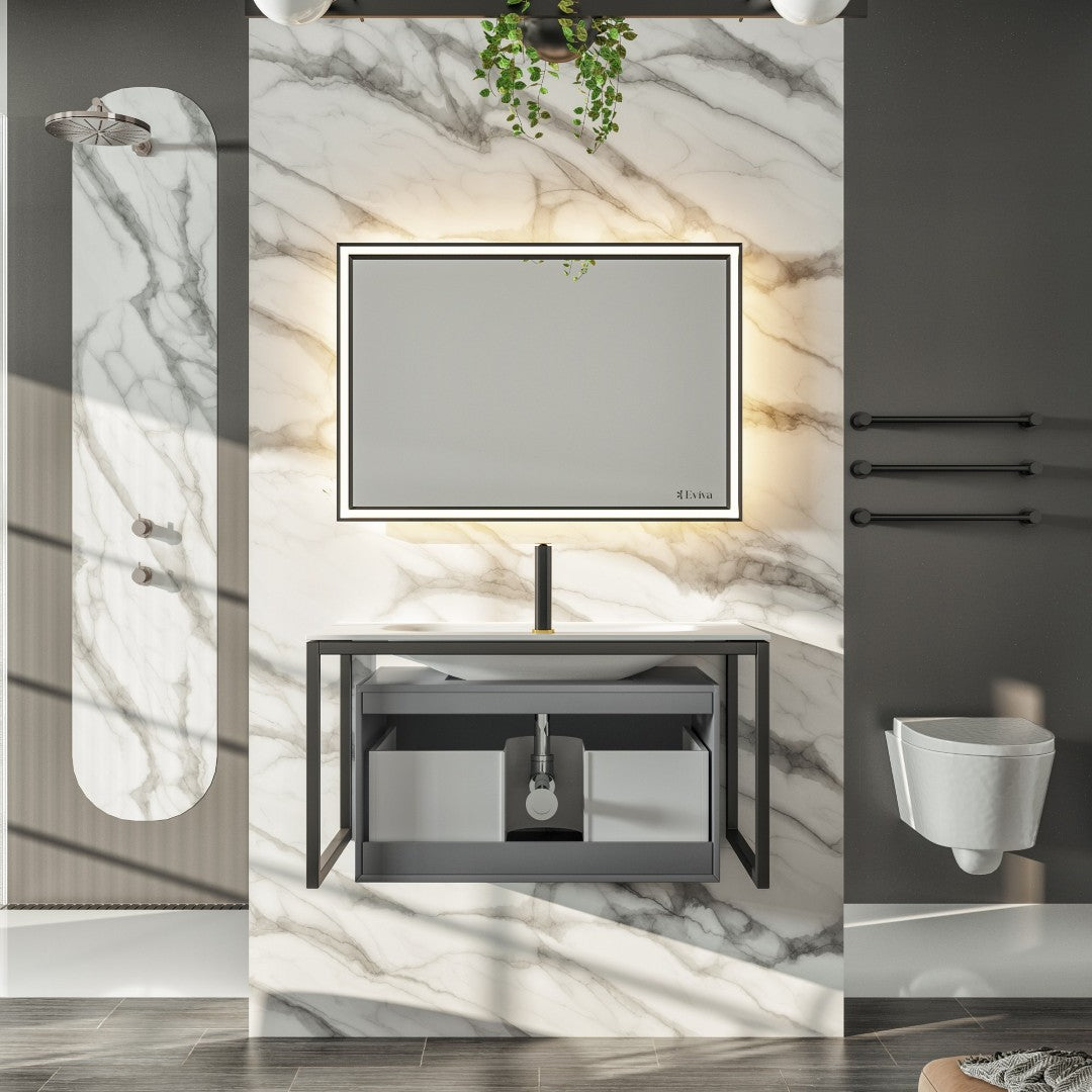 Modena 32 in. Gray Wall Mount Single Sink Bath Vanity with Solid Surface Top and Integrated Sink
