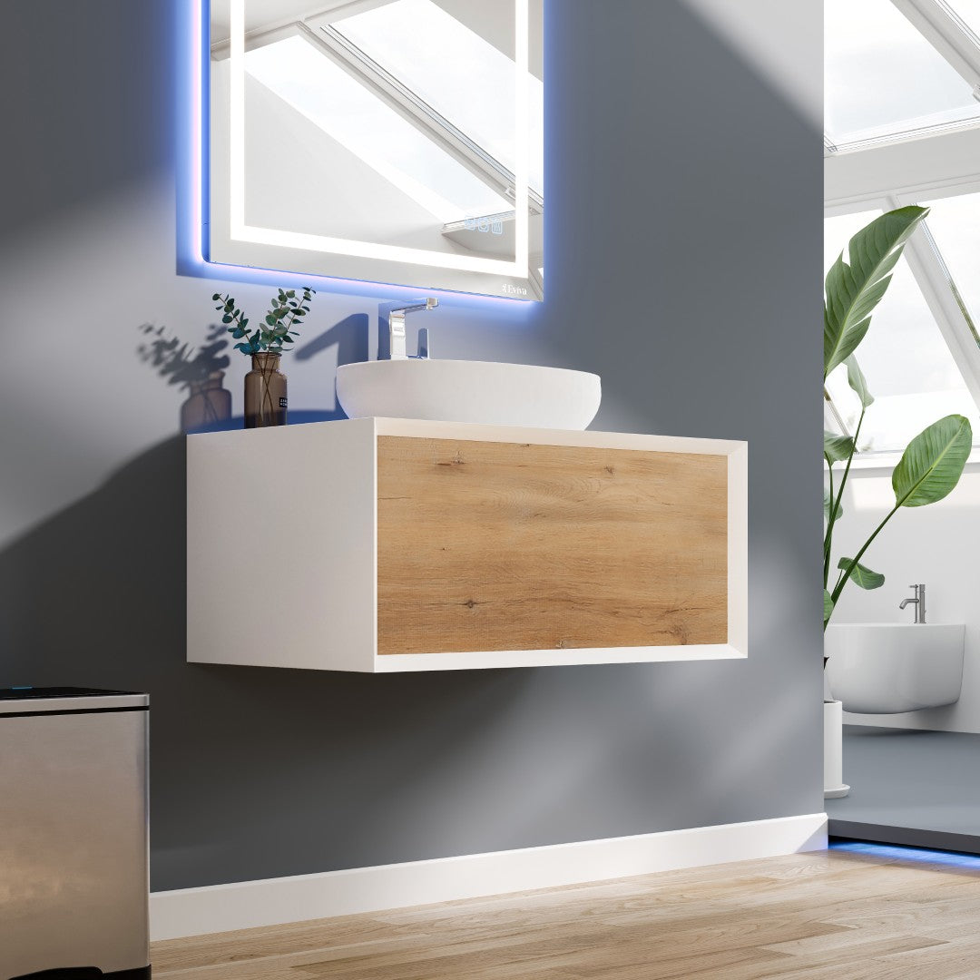 Santa Monica 36 in. White Oak Wall Mount Single Sink Bath Vanity with Acrylic Top and Vessel Solid Surface Sink