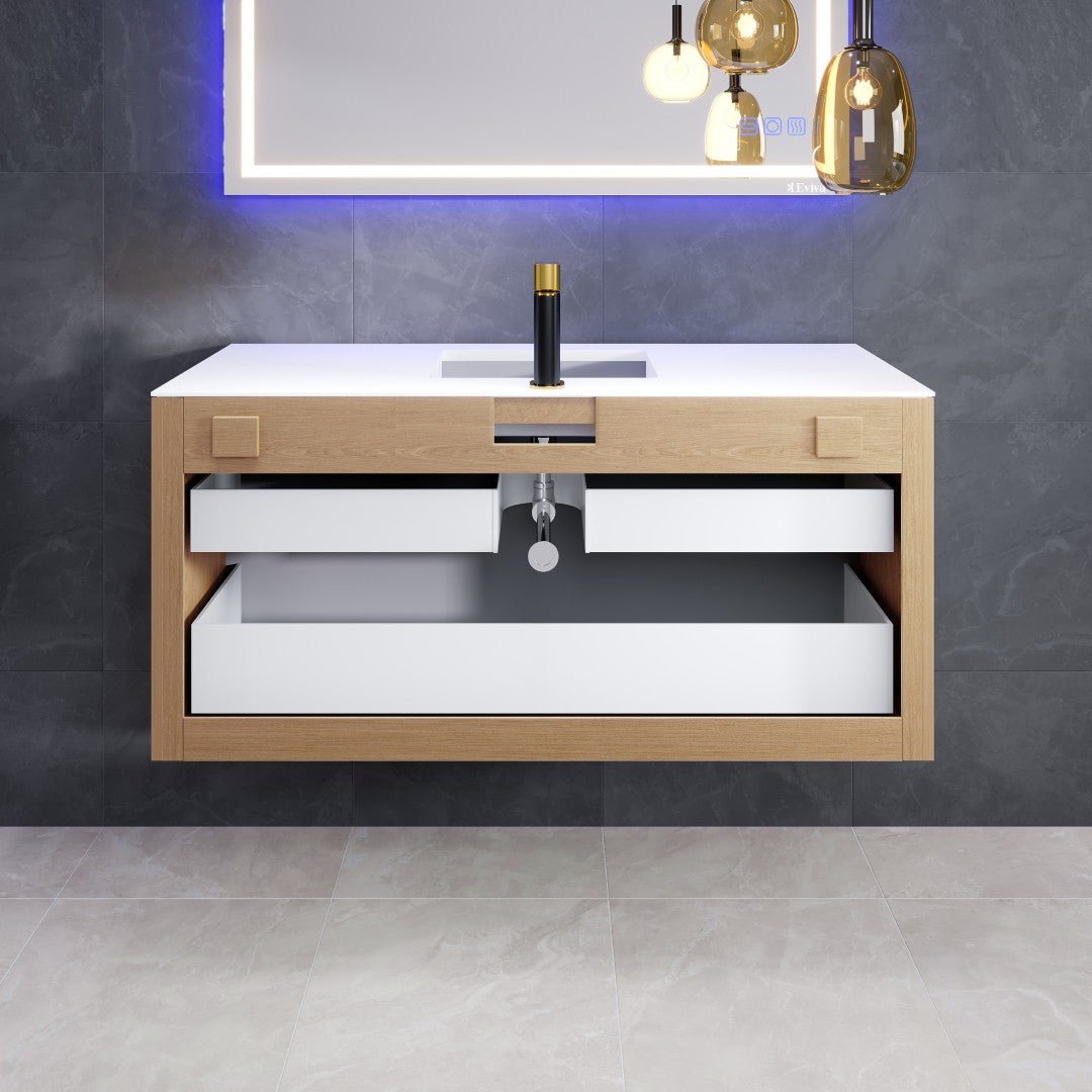 Mosaic 49 in. Natural Oak Wall Mount Single Sink Bath Vanity with Solid Surface Top and Integrated Sink - Bathroom Vanity by Eviva