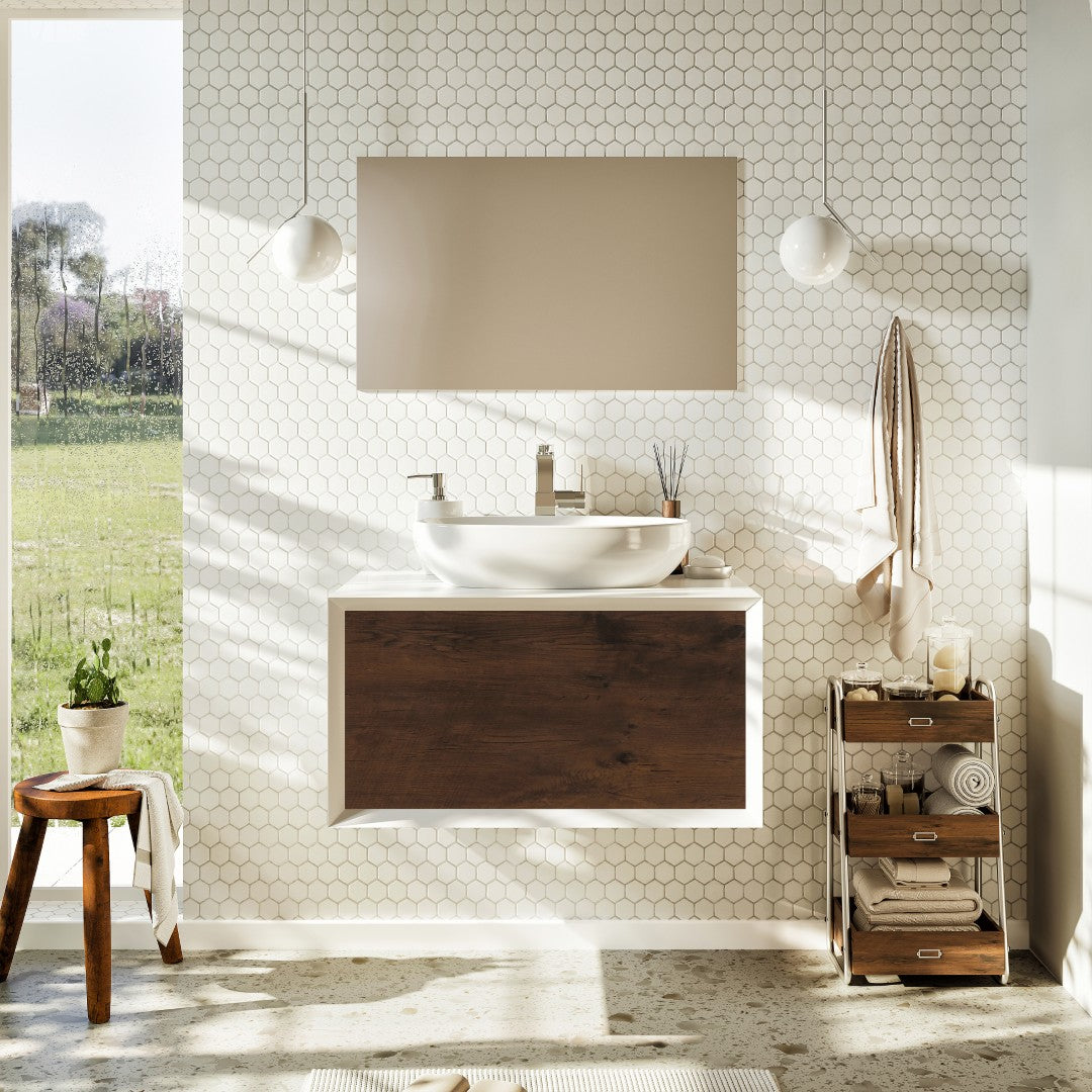 Santa Monica 30 in. Rosewood Wall Mount Single Sink Bath Vanity with Acrylic Top and Vessel Solid Surface Sink