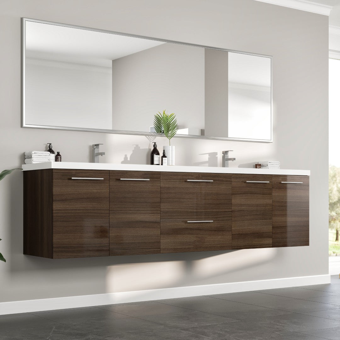 Lumina 84 in. Gray Oak Wall Mount Double Sink Bath Vanity with Acrylic Top and Integrated Sinks