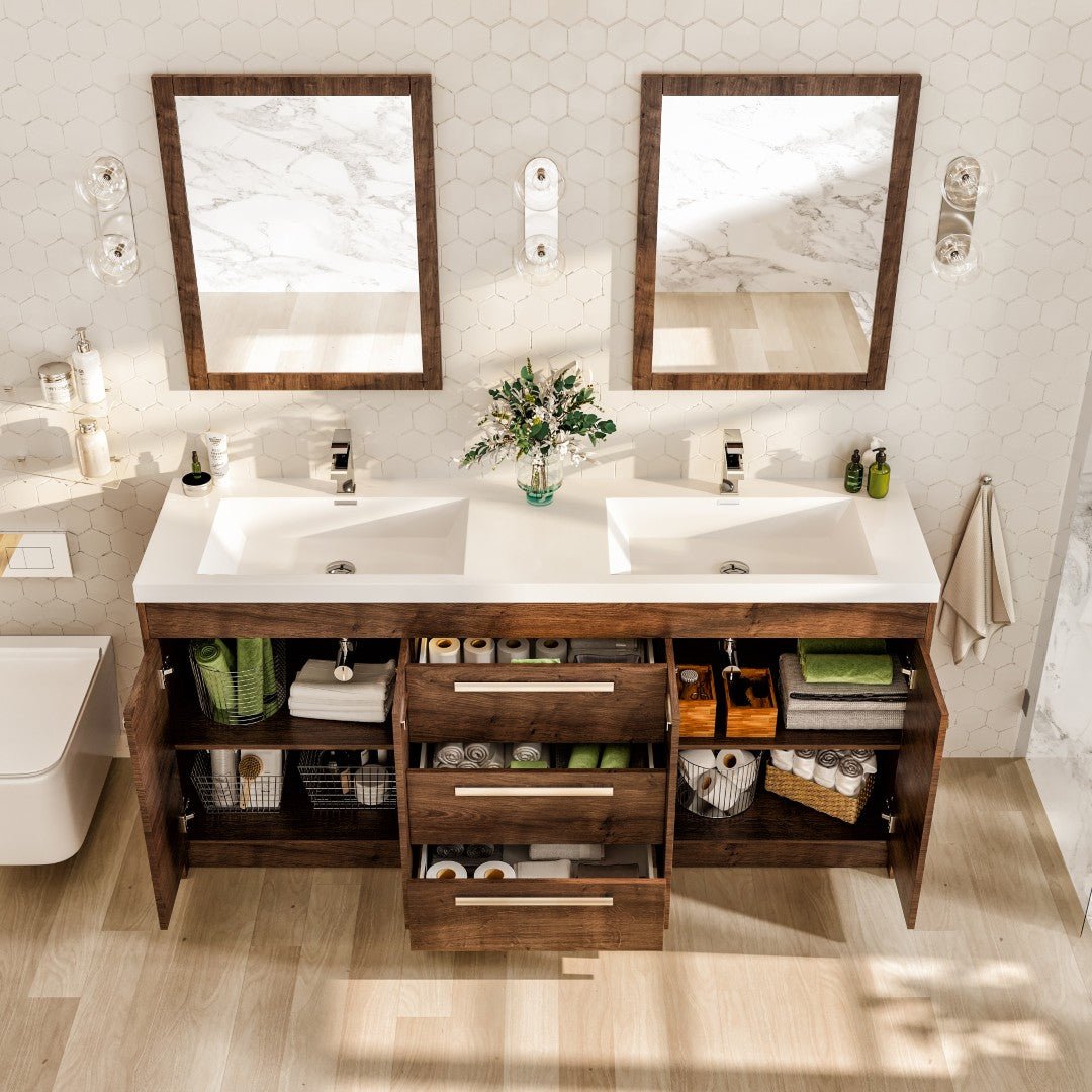 Lugano 72 in. Rosewood Double Sink Freestanding Bath Vanity with Acrylic Top and Integrated Sinks - Bathroom Vanity by Eviva