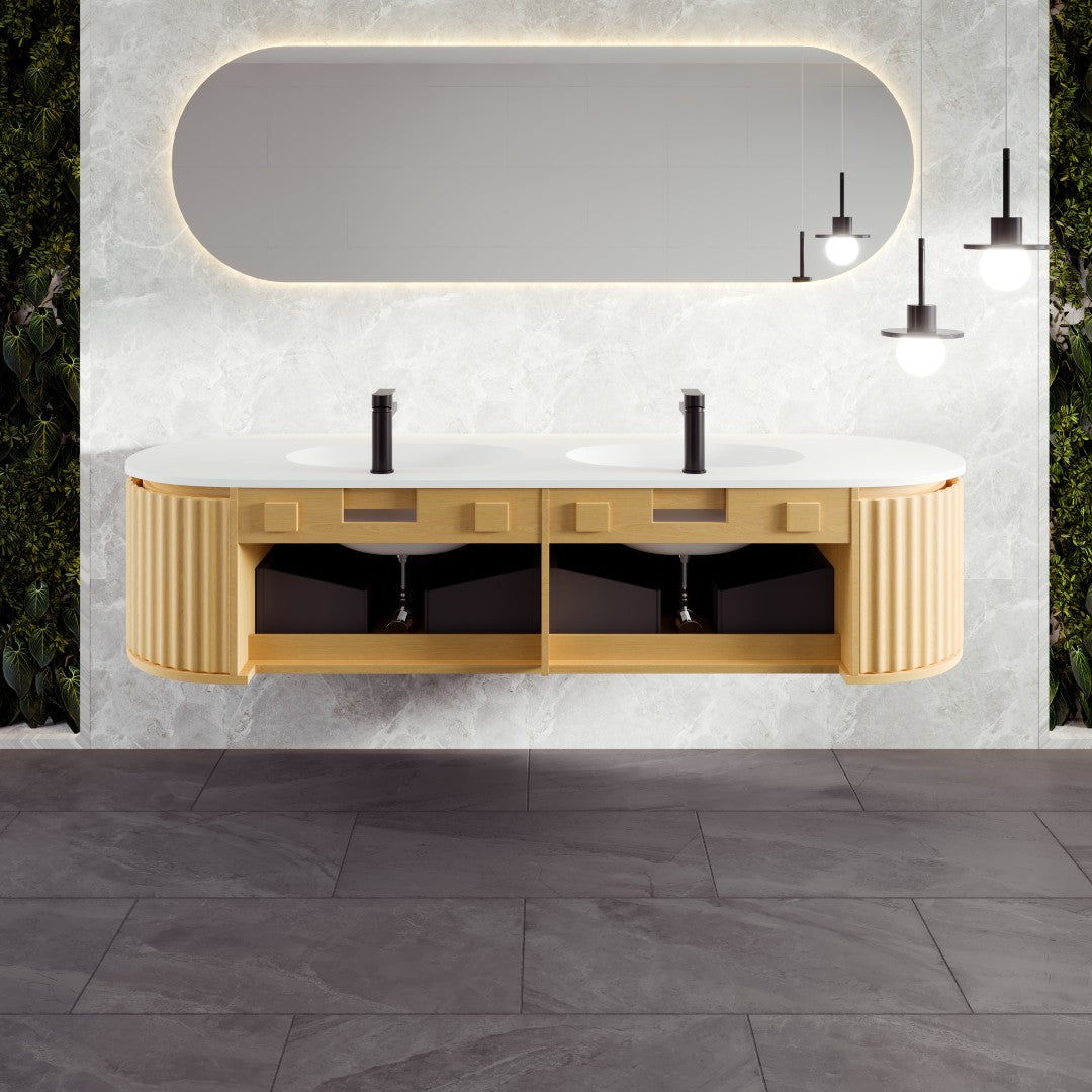 Haven 71 in. Natural Oak Wall Mount Double Sink Bath Vanity with Solid Surface Top and Integrated Sinks