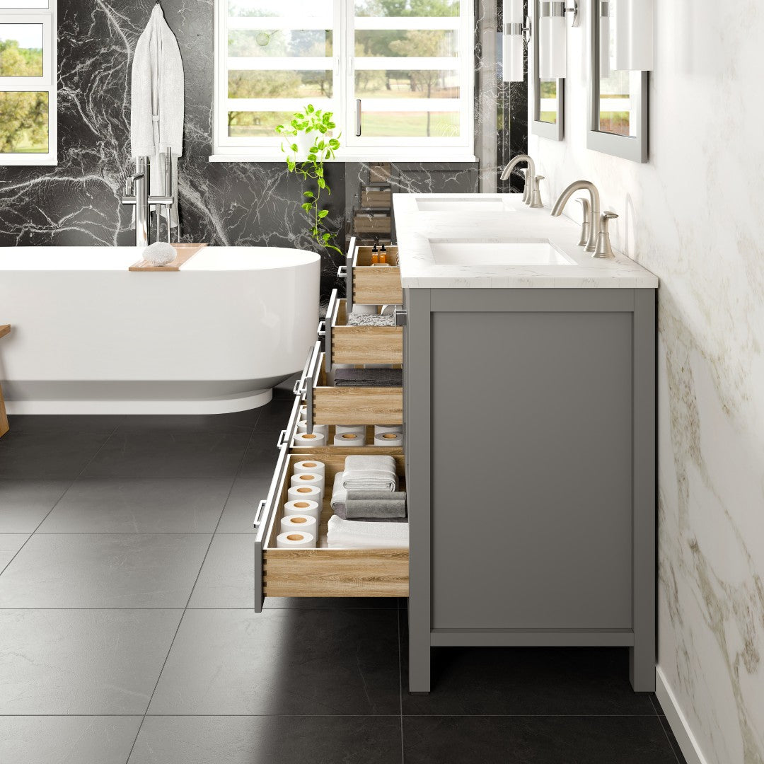 Aberdeen 84 in. Gray Double Sink Bath Vanity with Carrara Quartz Top and Undermount Porcelain Sinks