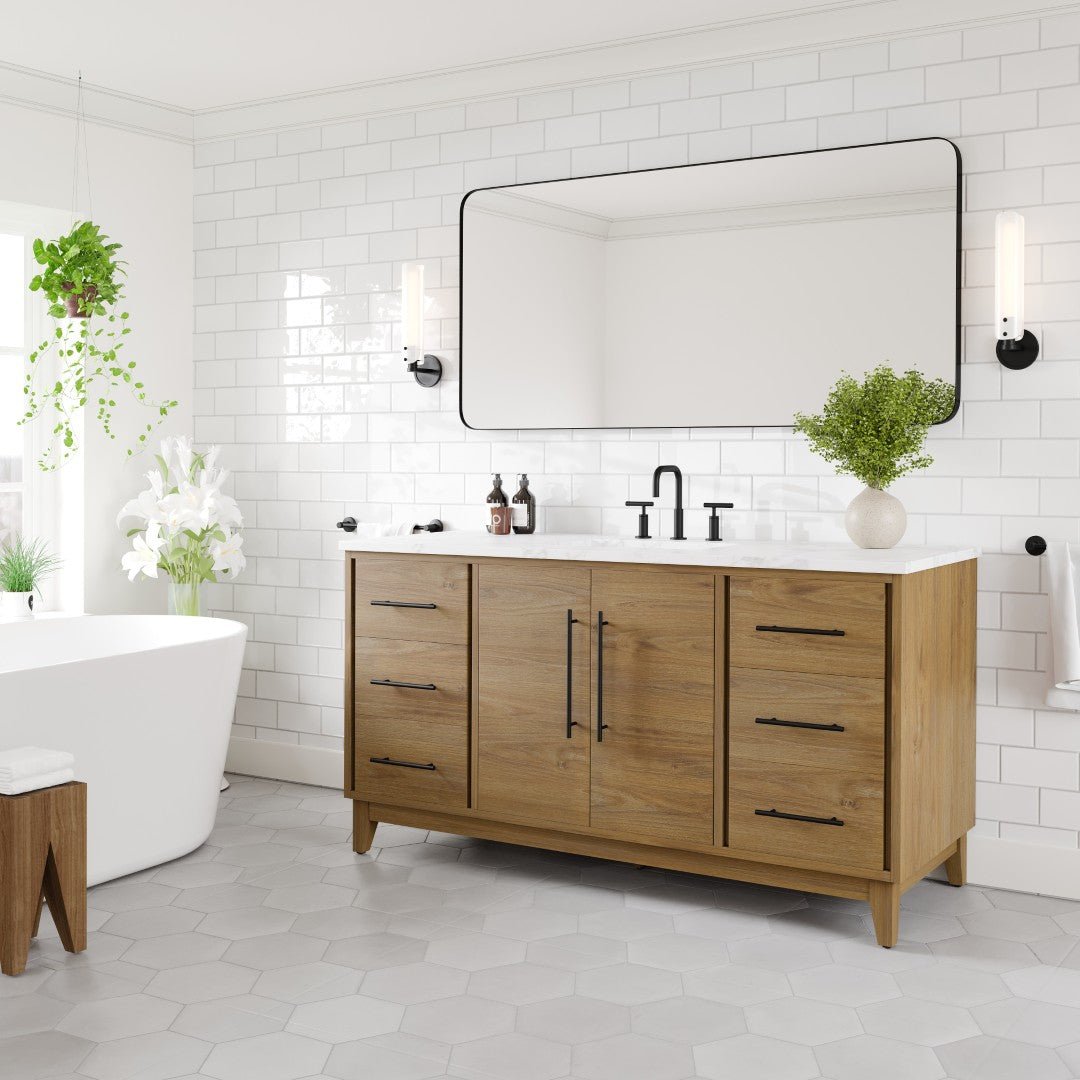 Graham 60 in. Oak Single Sink Bath Vanity with Arabescato Engineered Stone Top and Undermount Porcelain Sink - Bathroom Vanity by Eviva