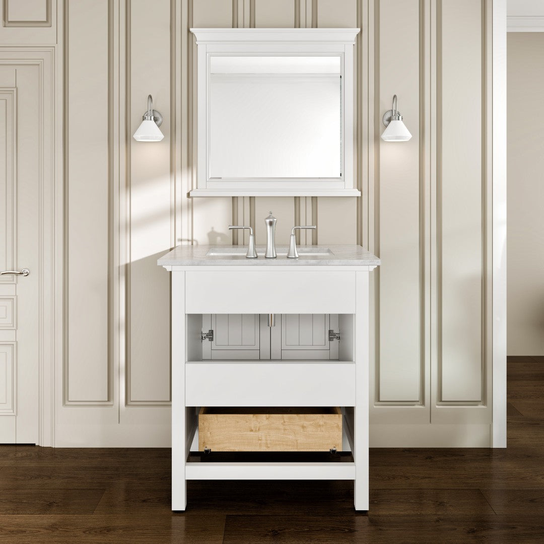 Eviva Britney 30 Inch Transitional White Bathroom Vanity with Carrera Marble Top