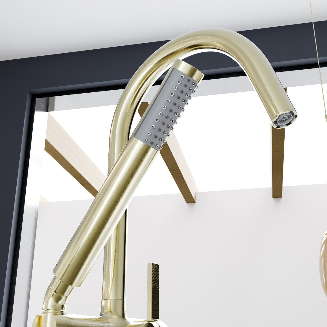 Eviva Modem Single-Handle Freestanding Tub Faucet with Hand Shower in Brushed Gold