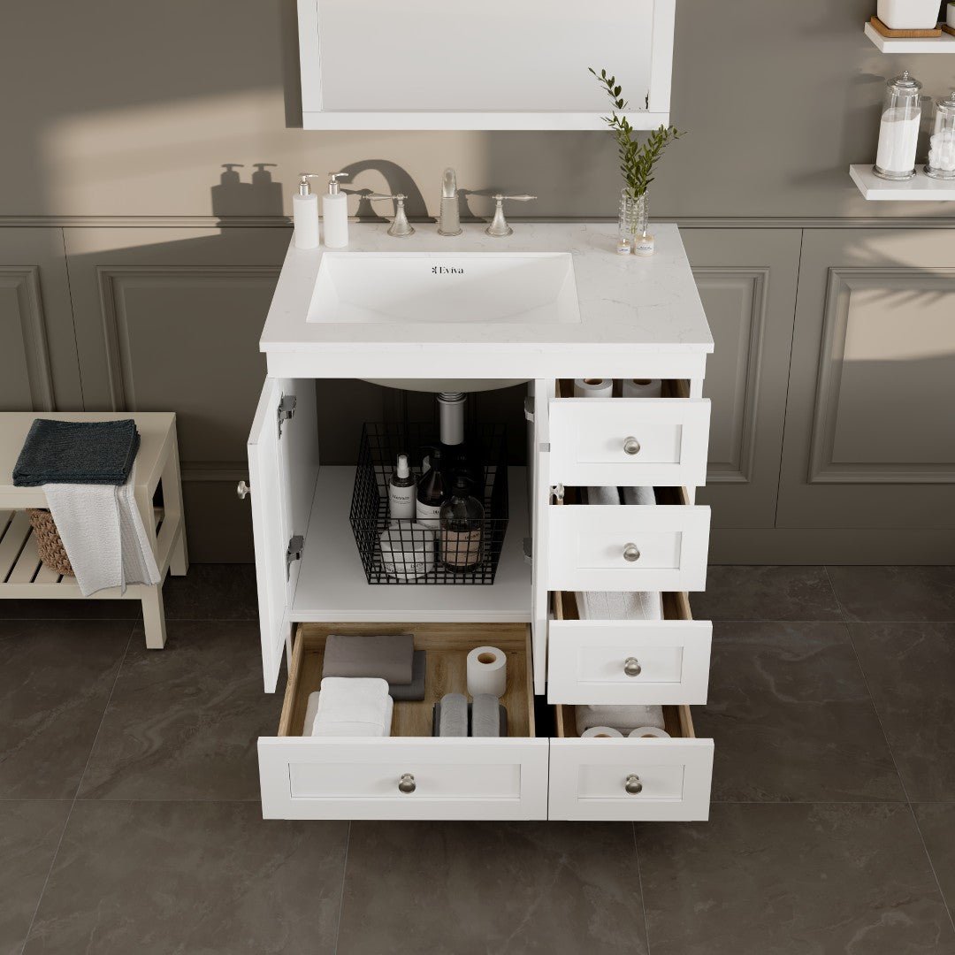 Acclaim 30 in. White Single Sink Bath Vanity with Carrara Quartz Top and Undermount Porcelain Sink - Bathroom Vanity by Eviva