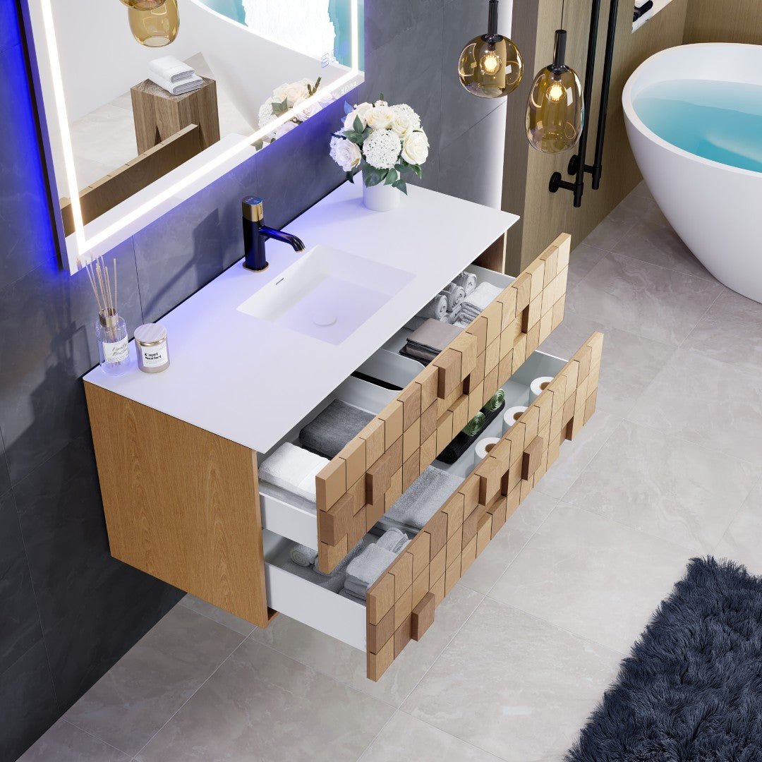 Mosaic 49 in. Natural Oak Wall Mount Single Sink Bath Vanity with Solid Surface Top and Integrated Sink - Bathroom Vanity by Eviva