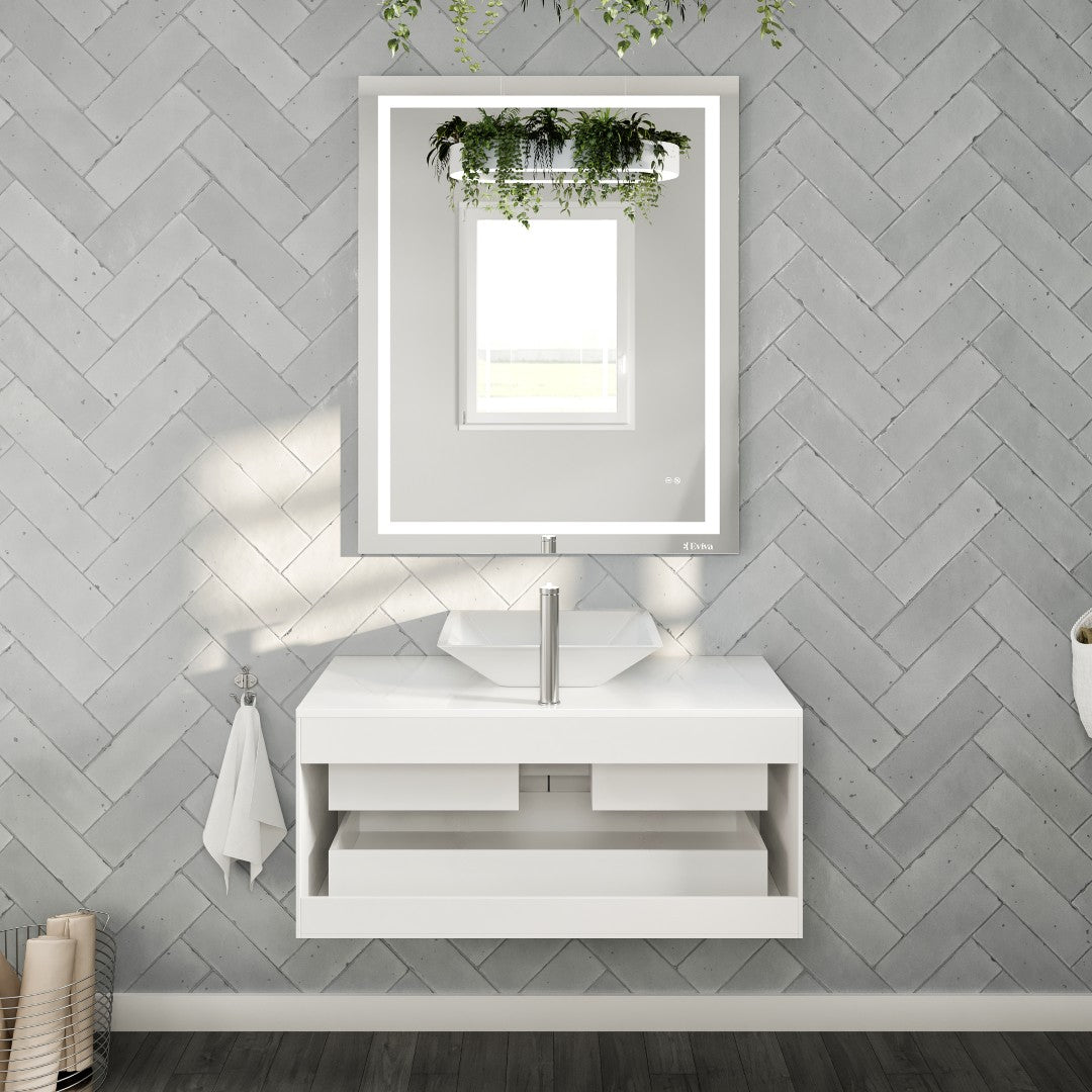 Wave 36 in. White Wall Mount Single Sink Bath Vanity with White Quartz Top and Vessel Porcelain Sink