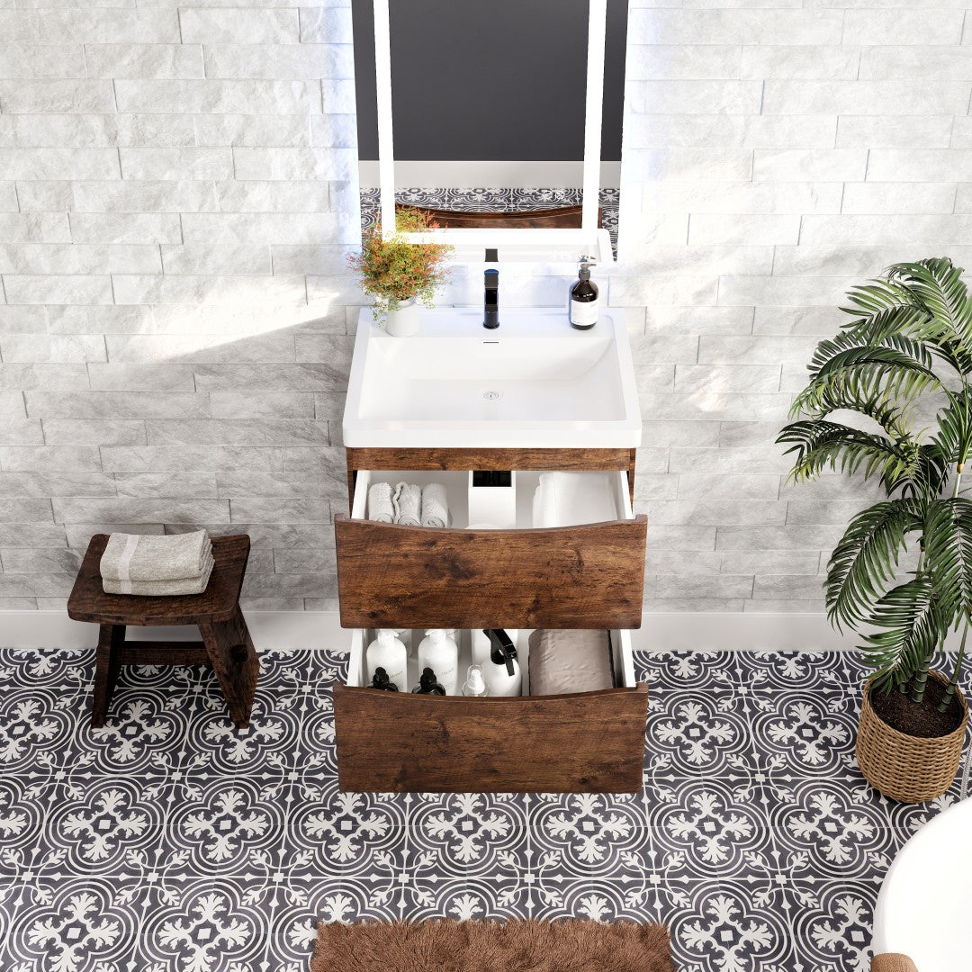 Smile 24 in. Rosewood Wall Mount Single Sink Bath Vanity with Acrylic Top and Integrated Sink