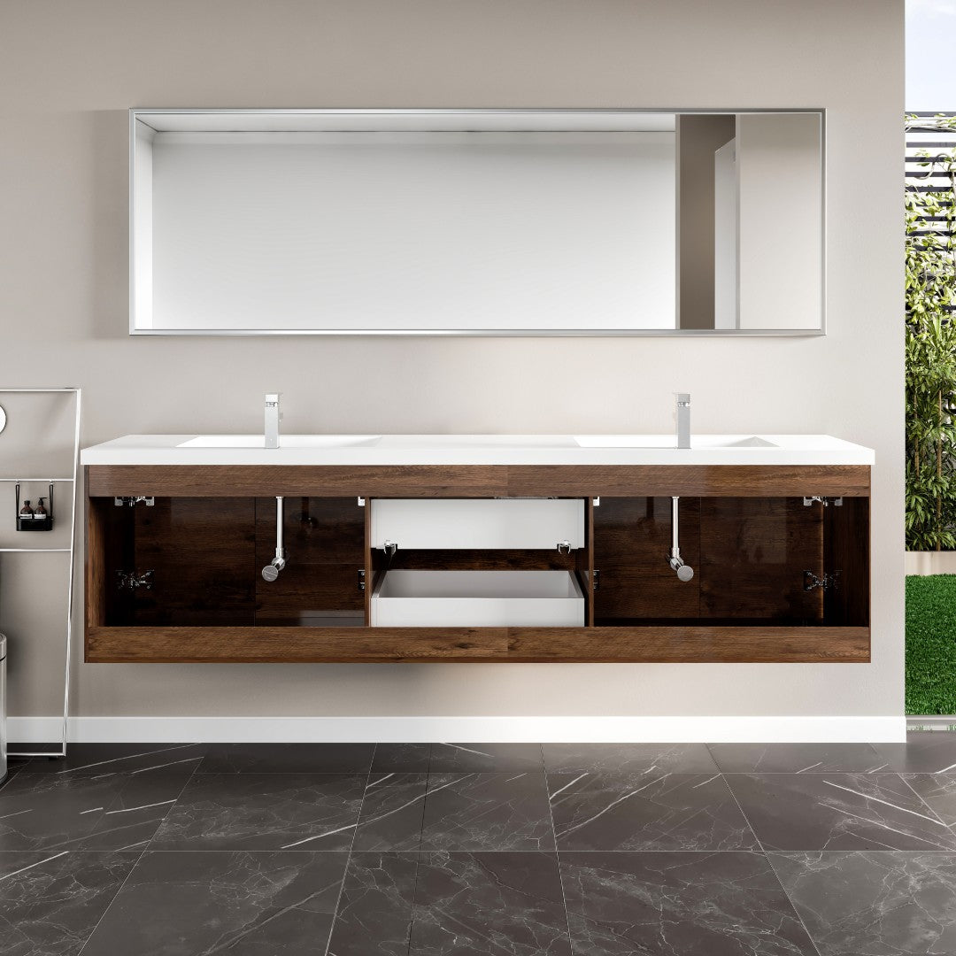 Lumina 84 in. Rosewood Wall Mount Double Sink Bath Vanity with Acrylic Top and Integrated Sinks