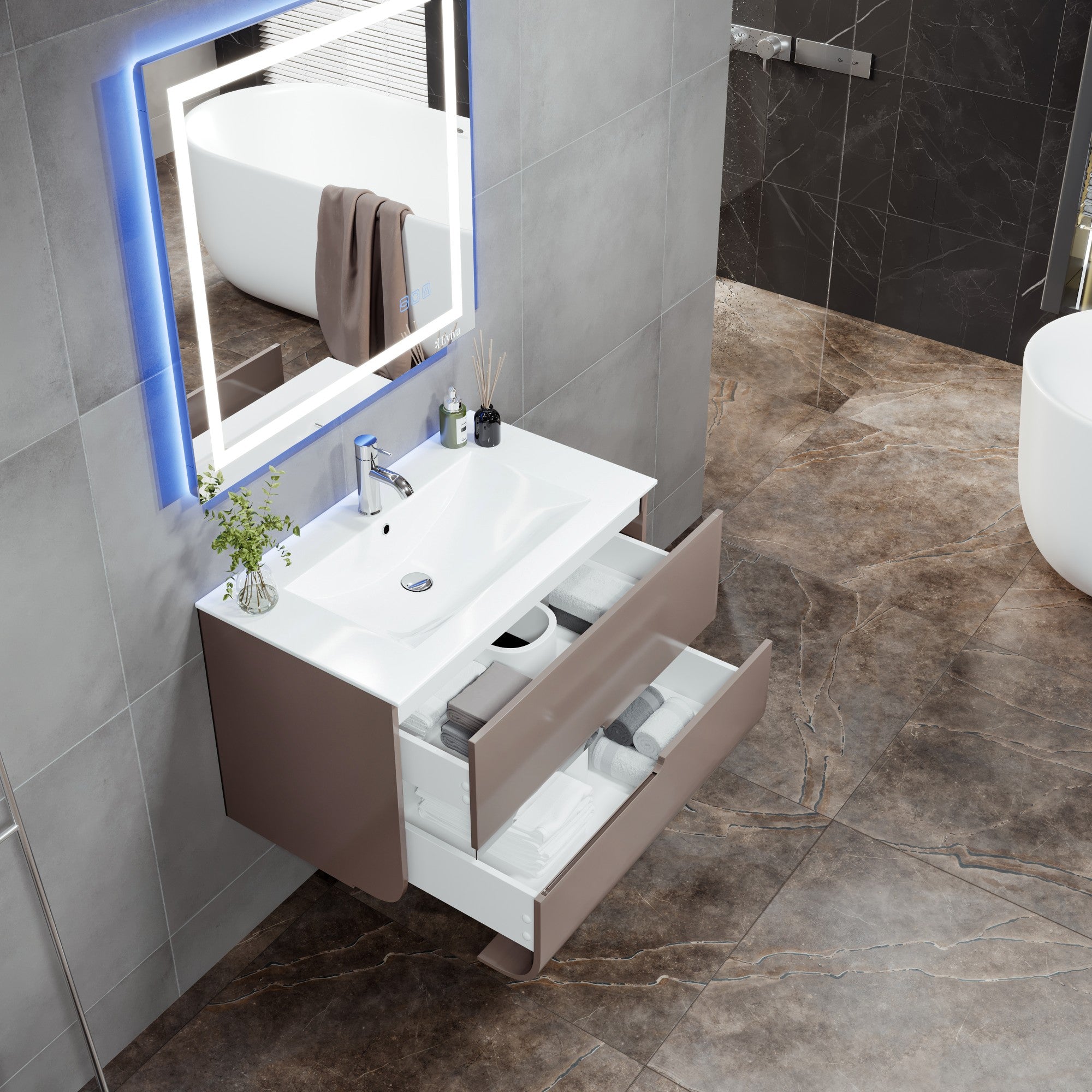 Ways 32 in. Mocha Wall Mount Single Sink Bath Vanity with Porcelain Top and Integrated Sink
