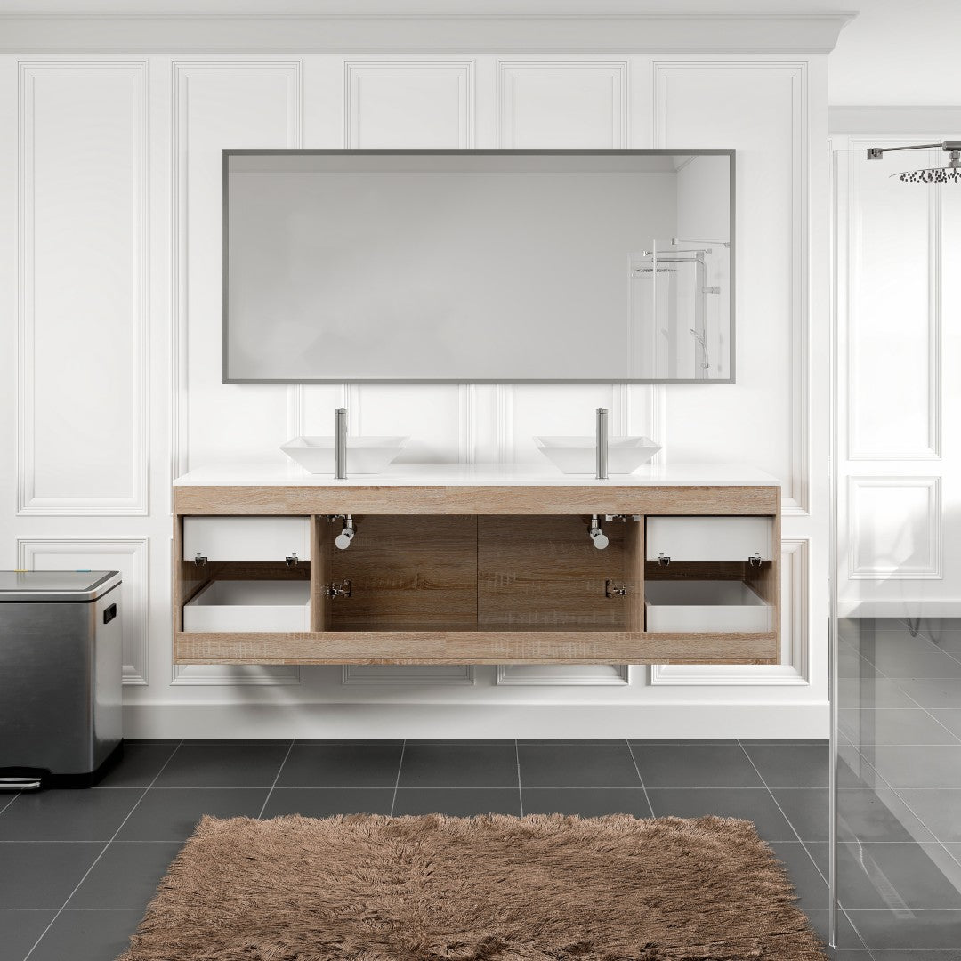 Luxy 72 in. White Oak Wall Mount Double Sink Bath Vanity with White Quartz Top and Vessel Porcelain Sinks