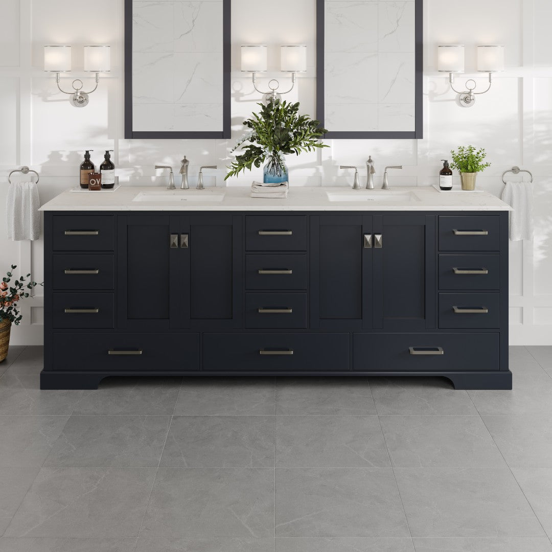 Storehouse 84 in. Dark Gray Double Sink Bath Vanity with Carrara Quartz Top and Undermount Porcelain Sinks
