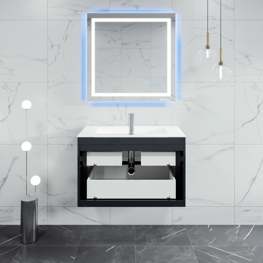 Luna 32 in. Dark Gray Wall Mount Single Sink Bath Vanity with Porcelain Top and Integrated Sink