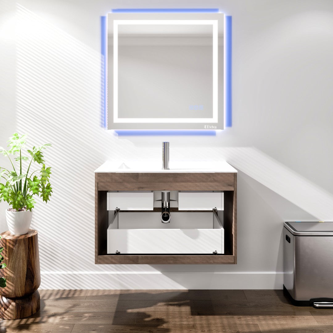 Luna 32 in. Gray Oak Wall Mount Single Sink Bath Vanity with Porcelain Top and Integrated Sink