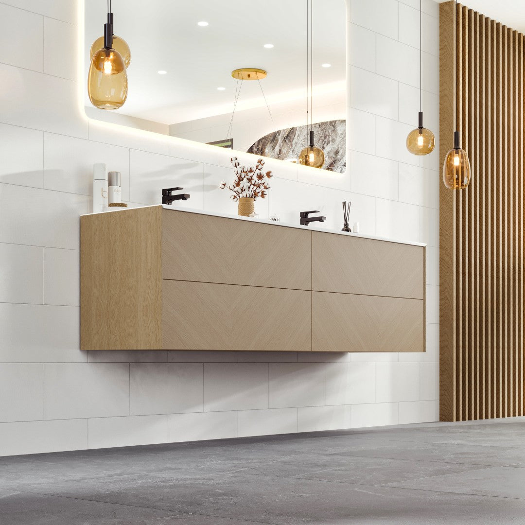 Lotus 59 in. Natural Oak Wall Mount Double Sink Bath Vanity with Solid Surface Top and Integrated Sinks