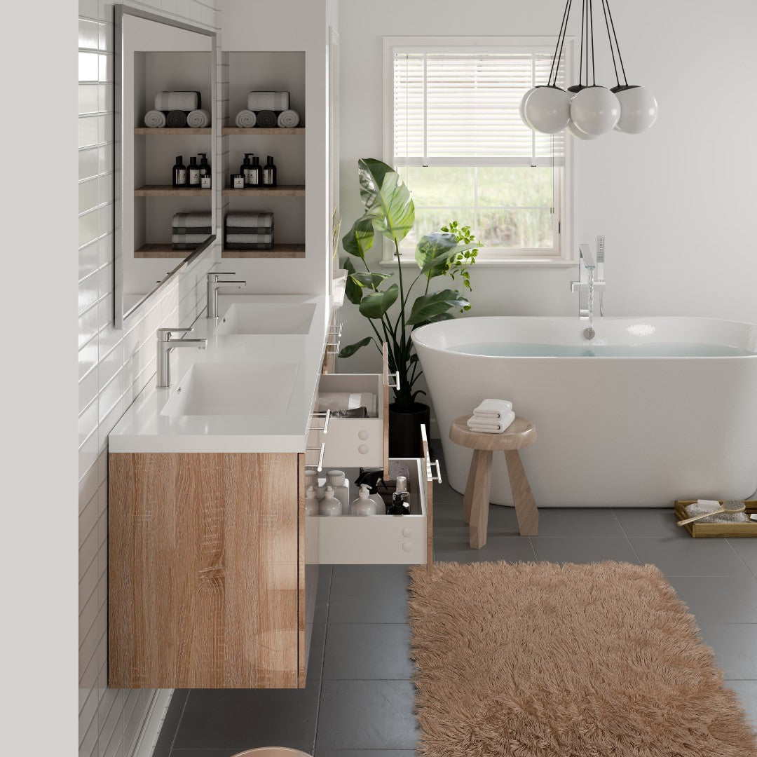 Axis 72 in. White Oak Wall Mount Double Sink Bath Vanity with Acrylic Top and Integrated Sinks