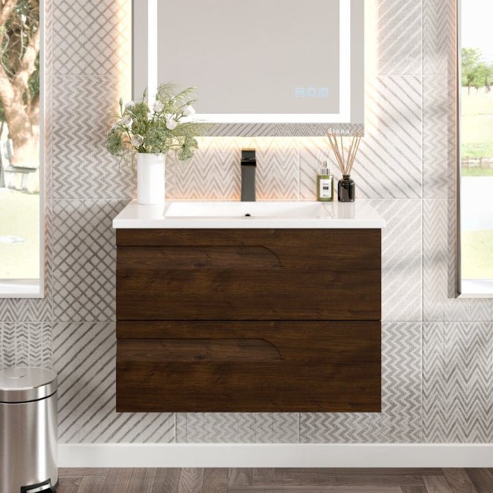 Joy 32 in. Rosewood Wall Mount Single Sink Bath Vanity with Porcelain Top and Integrated Sink - Bathroom Vanity by Eviva