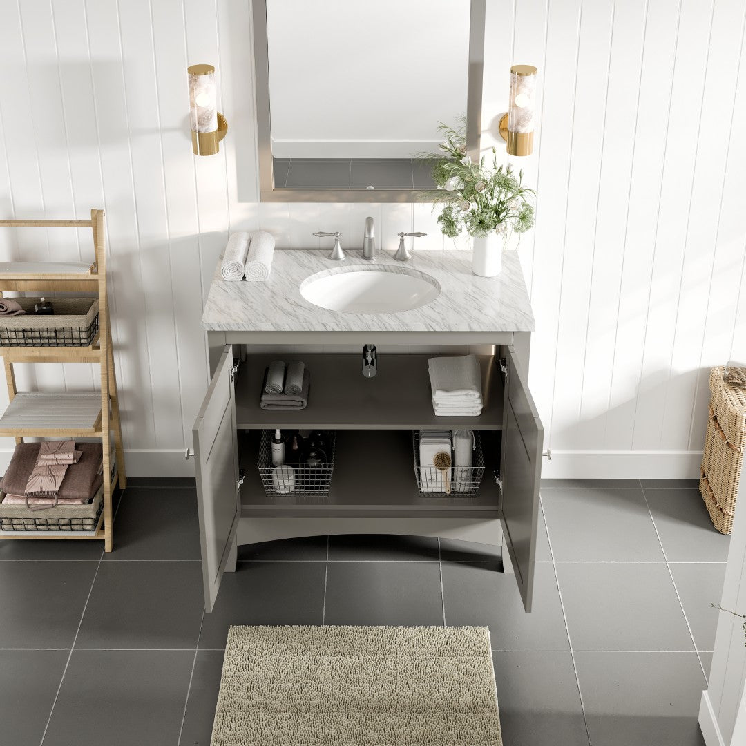 New York 36 in. Gray Single Sink Bath Vanity with Carrara Marble Top and Undermount Porcelain Sink