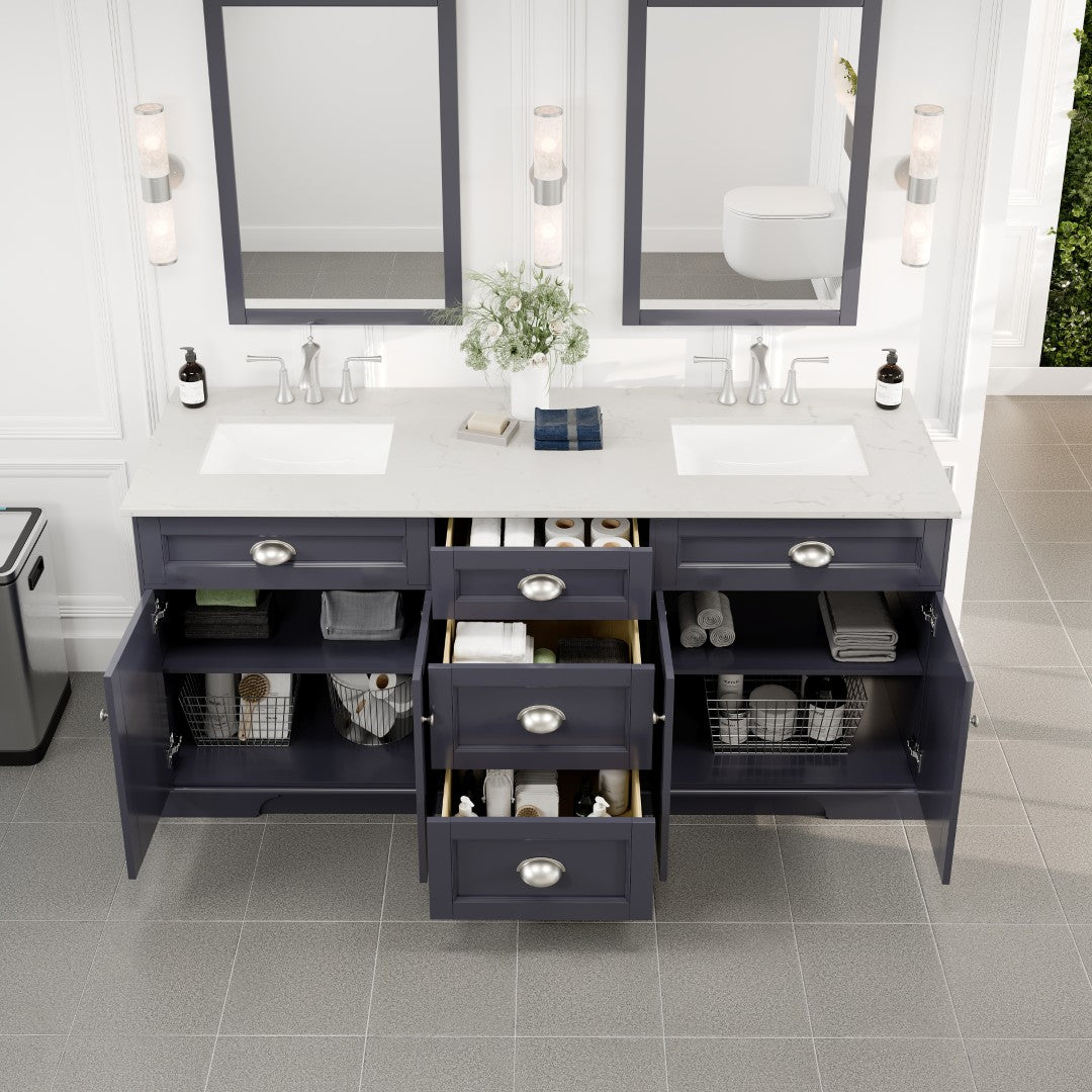 Epic 72 in. Charcoal Gray Double Sink Bath Vanity with Carrara Quartz Top and Undermount Porcelain Sinks