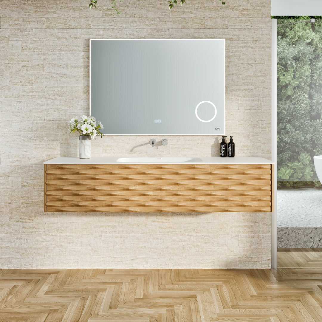 Oahu 55 in. Oak Wall Mount Single Sink Bath Vanity with Solid Surface Top and Integrated Sink