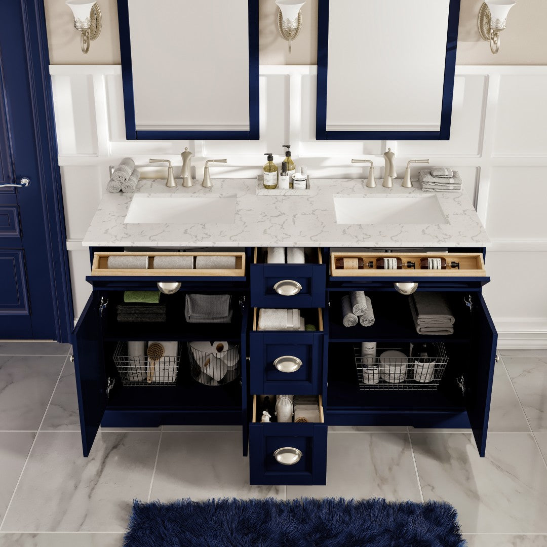 Epic 60 in. Blue Double Sink  Bath Vanity with Carrara Quartz Top and Undermount Porcelain Sinks