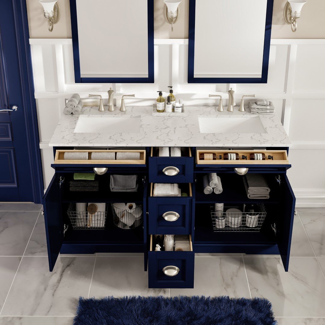 Epic 60 in. Blue Double Sink Bath Vanity with Carrara Quartz Top and Undermount Porcelain Sinks - Bathroom Vanity by Eviva