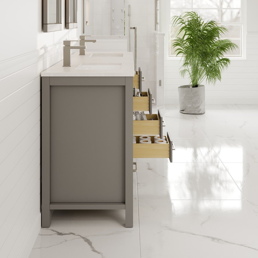 London 60 in. Gray Double Sink Bath Vanity with Carrara Quartz Top and Undermount Porcelain Sinks - Bathroom Vanity by Eviva