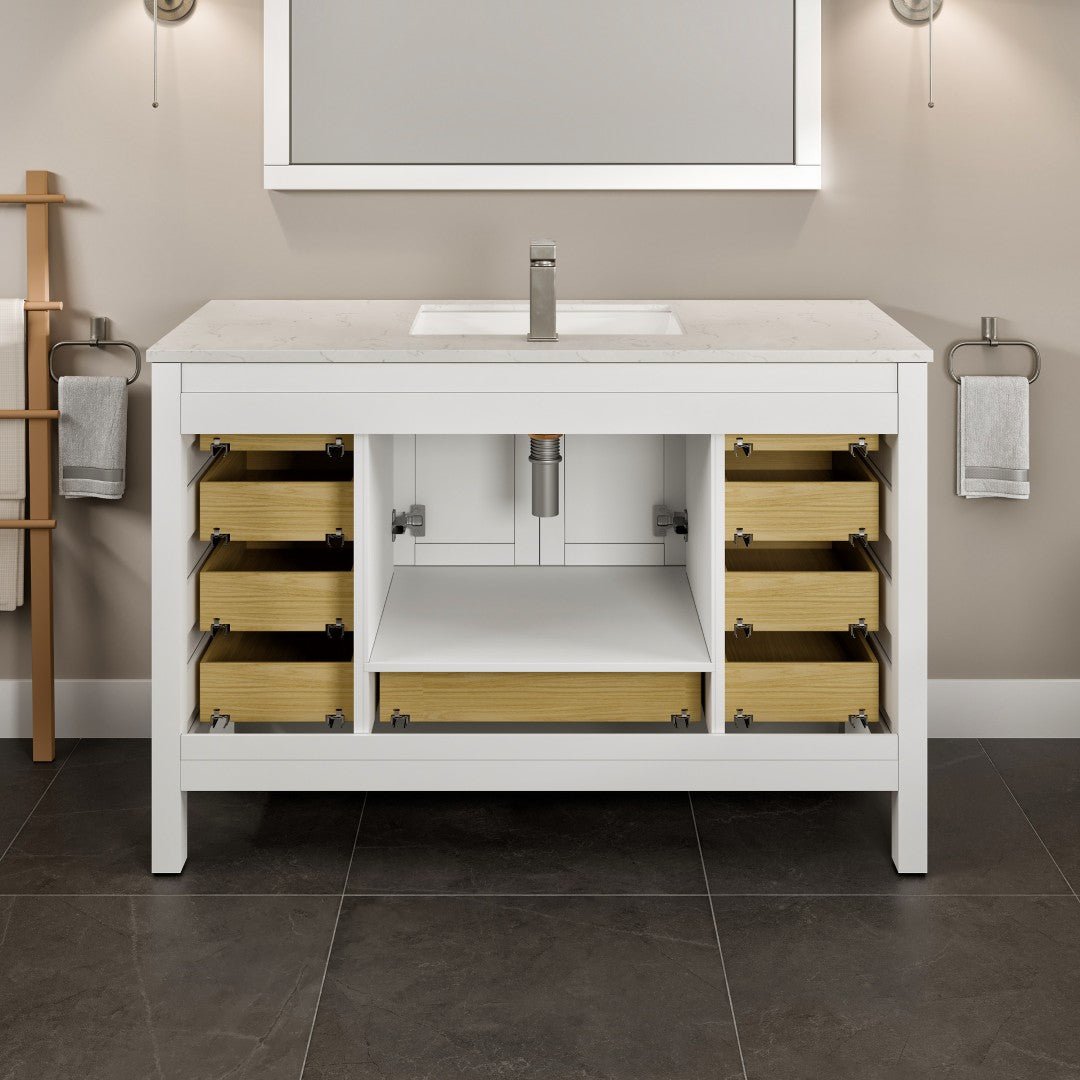 London 54 in. White Single Sink Bath Vanity with Carrara Quartz Top and Undermount Porcelain Sink - Bathroom Vanity by Eviva
