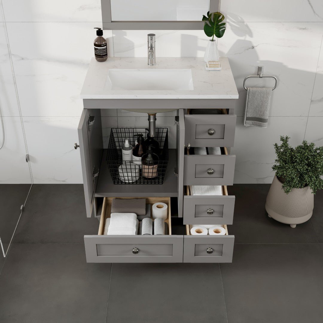 Happy 28 in. Gray Single Sink Bath Vanity with Carrara Quartz Top and Undermount Porcelain Sink - Bathroom Vanity by Eviva