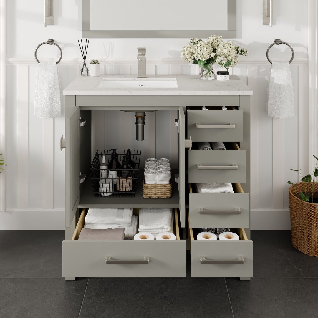 London 36 in. Gray Single Sink Bath Vanity with Carrara Quartz Top and Undermount Porcelain Sink - Bathroom Vanity by Eviva