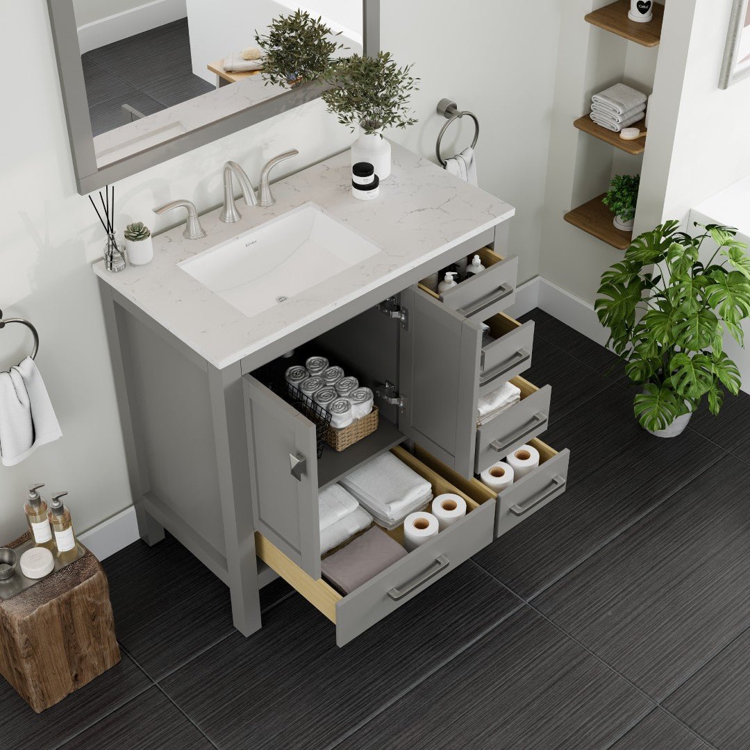 Aberdeen 36 in. Gray Single Sink Bath Vanity with Carrara Quartz Top and Undermount Porcelain Sink - Bathroom Vanity by Eviva