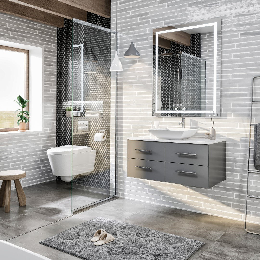 Wave 36 in. Gray Wall Mount Single Sink Bath Vanity with White Quartz Top and Vessel Porcelain Sink
