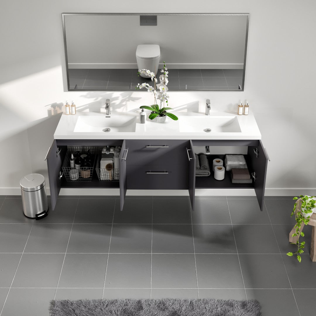 Axis 72 in. Gray Wall Mount Double Sink Bath Vanity with Acrylic Top and Integrated Sinks