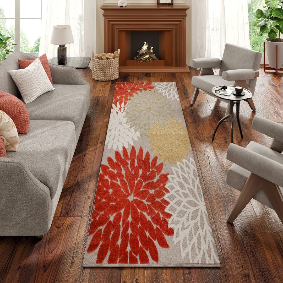 Eviva Nature 2' x 8' Floral Orange/Cream Rug - Rug by Eviva