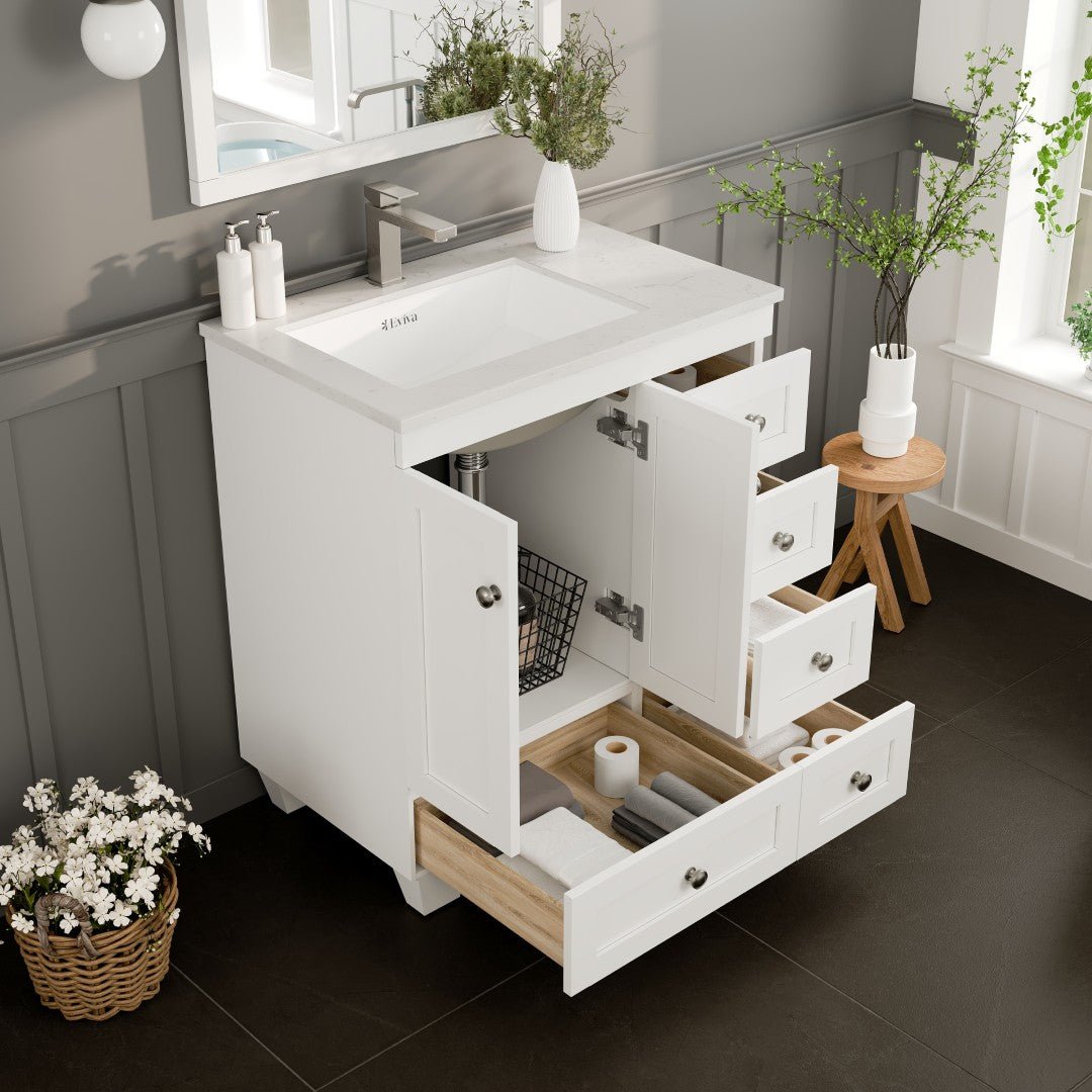 Happy 30 in. White Single Sink Bath Vanity with Carrara Quartz Top and Undermount Porcelain Sink - Bathroom Vanity by Eviva