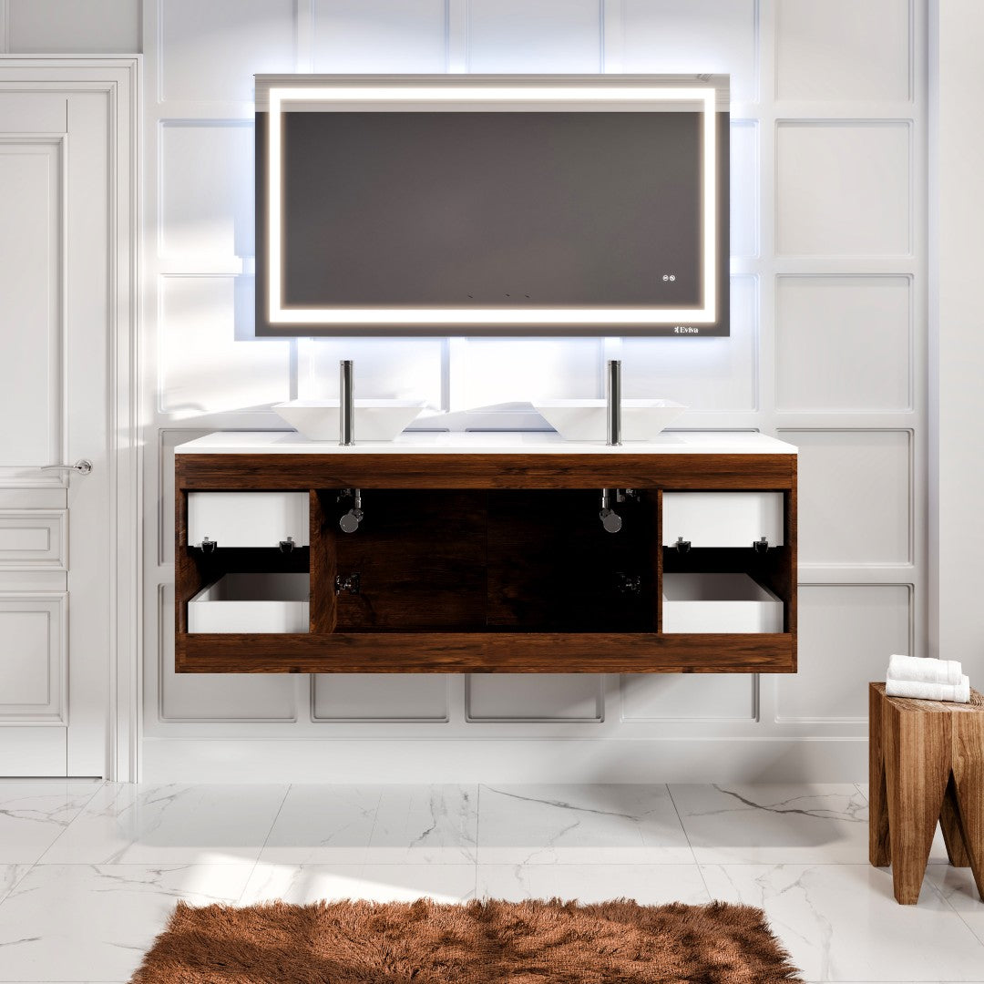 Luxurious 60 in. Rosewood Wall Mount Double Sink  Bath Vanity with White Quartz Top and Vessel Porcelain Sinks