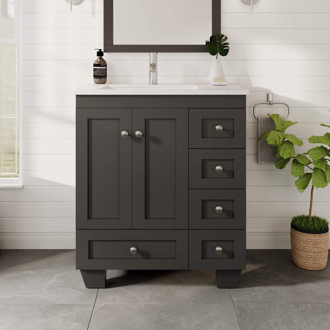 Happy 28 in. Espresso Single Sink Bath Vanity with Carrara Quartz Top and Undermount Porcelain Sink - Bathroom Vanity by Eviva