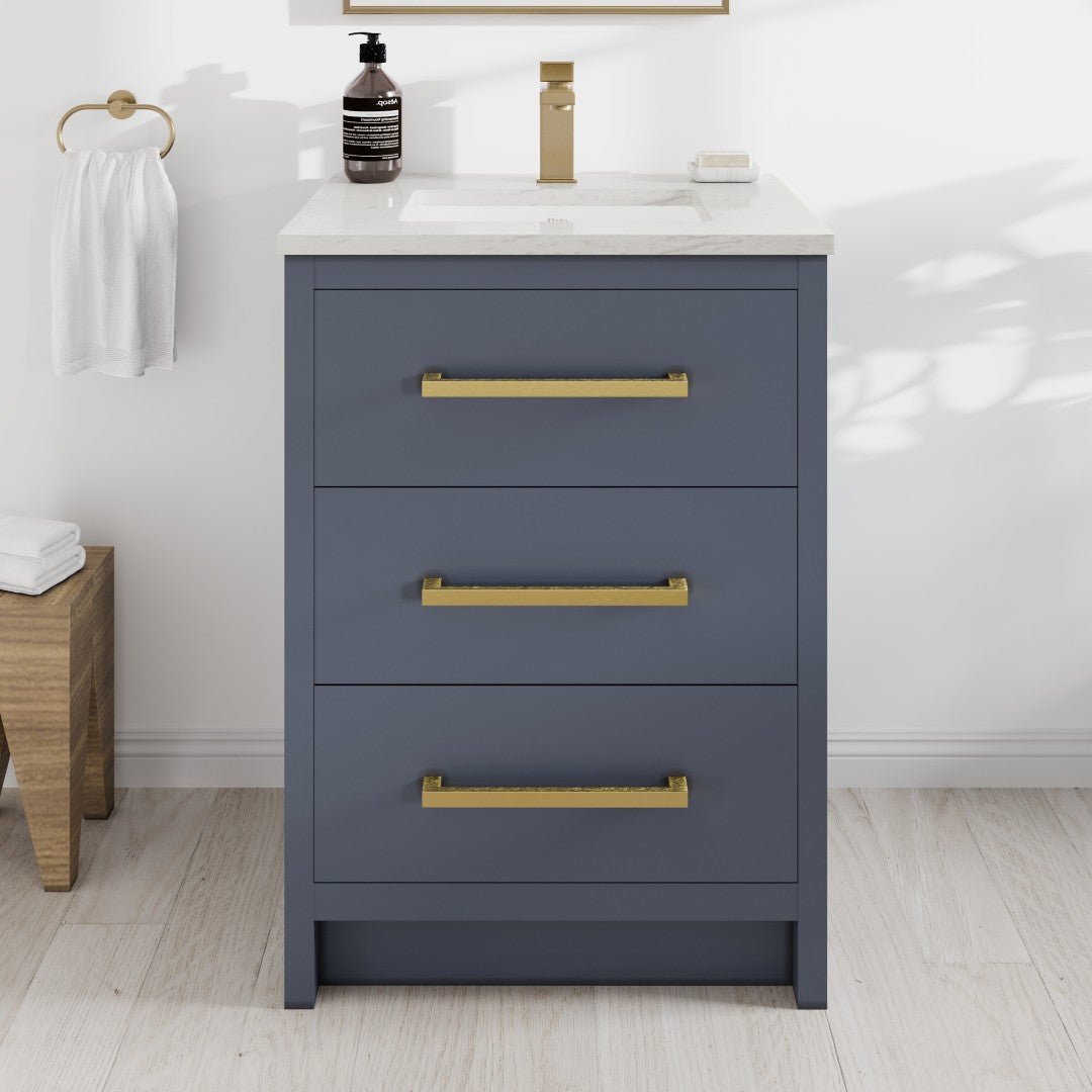 Curio 24 in. Dark Blue Single Sink Bath Vanity with Carrara Quartz Top and Undermount Porcelain Sink - Bathroom Vanity by Eviva